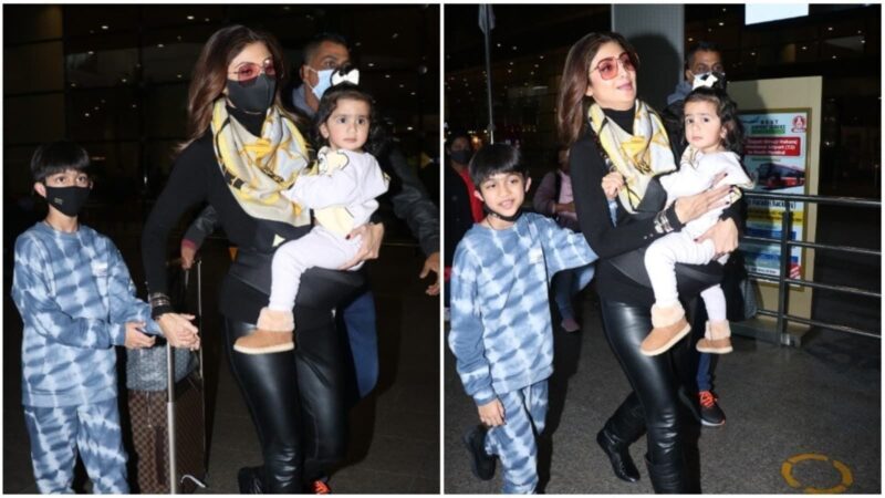 Shilpa Shetty reacts to the paparazzi as they ask her son Vivaan to remove mask at the airport